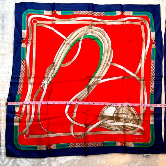 EUC Celine Silk Scarf in Red, Blue, Green, and Silver-Bronze - Picture 9 of 14